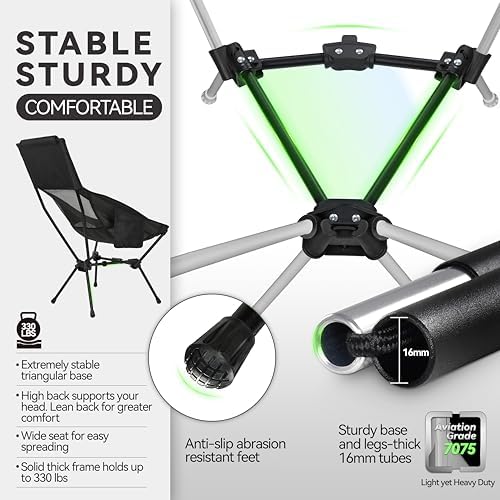 MARCHWAY Lightweight Folding High Back Camping Chair with Head Support, Stable Portable Compact for Outdoor Camp, Travel, Beach, Picnic, Festival, Hiking, Backpacking (Highback Black)