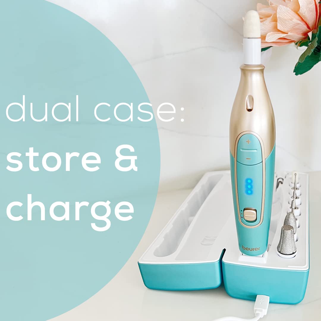 Beurer MP84 Professional Manicure & Pedicure Nail Drill Kit, 14-Piece Cordless Electric Nail File with 10 Attachments, LED Light, Adjustable Speed, Charging Storage Case