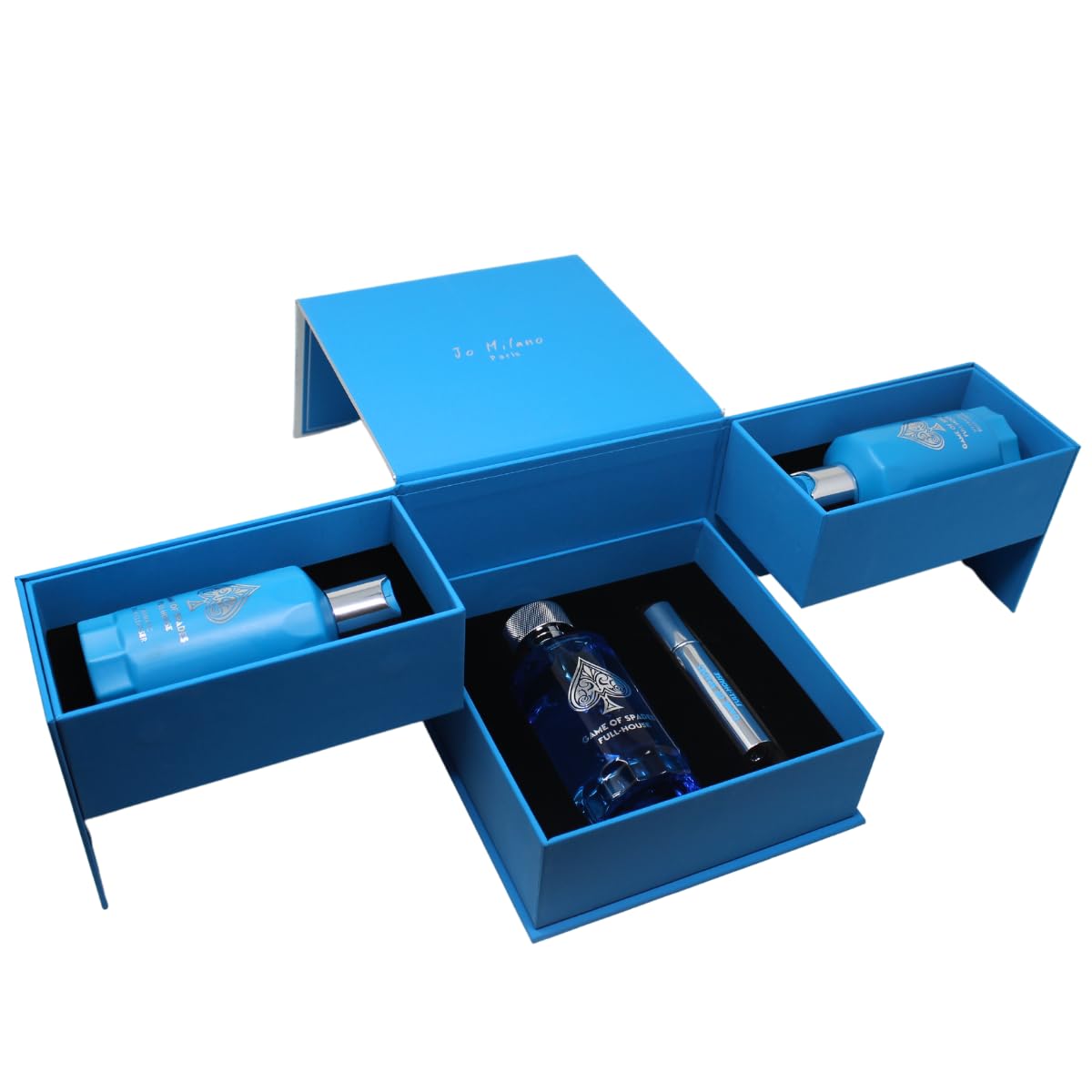 Jo Milano Game of Spades FULL-HOUSE 4PCS (3.4oz Parfum, 6.8oz Body Cleanser, 6.8oz Body Cream, 0.27 Oz Refillable Atomizer) - Unisex Whole Body Skin Care Set