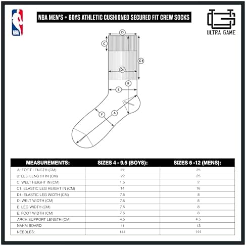 Ultra Game Men's NBA Official Athletic Cushioned Secure Fit Crew Socks-6 Pack