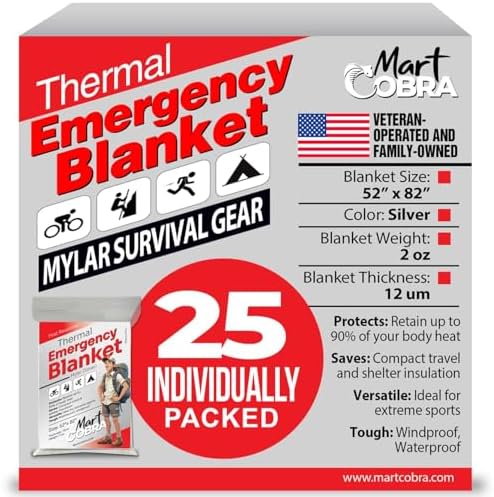 Mart Cobra Emergency Blanket 25-Pack Space Mylar Blankets Survival Gear and Supplies Reusable Thermal Camping Essentials Hiking First Aid Car Emergency Kit Prepper Foil Bug Out Bag Warm Cat Cold Snow