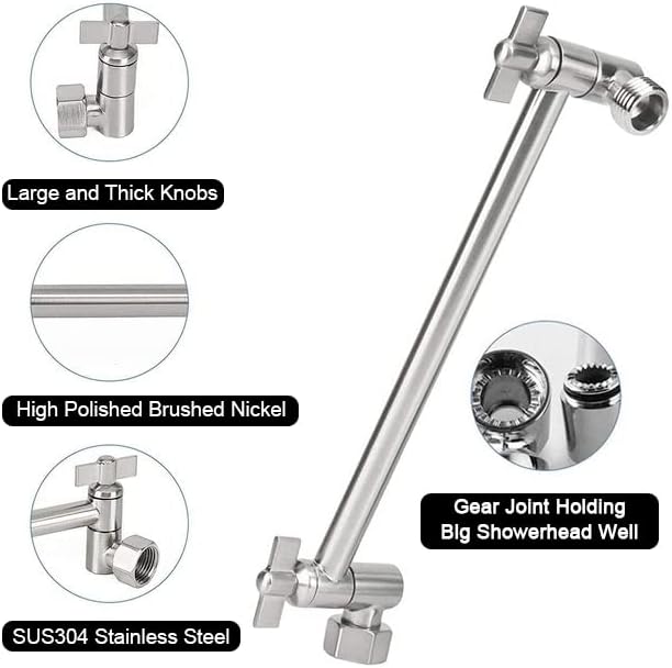 NearMoon Adjustable Shower Arm Universal Connection, Solid Brass Extension Arm, Adjust Angle to Upgrade Shower Experience, Easy to Install, Anti-leak (Brushed Nickel)