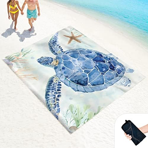 Beach Blanket Sand Proof Waterproof Oversized 100" x 80" Sand Free Mat with Corner Pockets and Mesh Bag for Outdoor, Picnic, Travel, Beach Accessories Portable, Watercolor Turtle