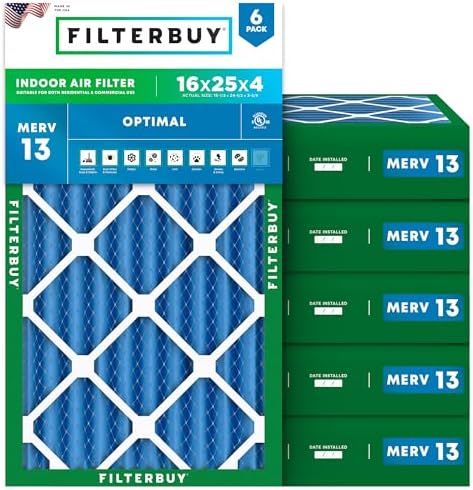 Filterbuy 16x25x4 Air Filter MERV 13 Optimal Defense (6-Pack), Pleated HVAC AC Furnace Air Filters Replacement (Actual Size: 15.50 x 24.50 x 3.63 Inches)