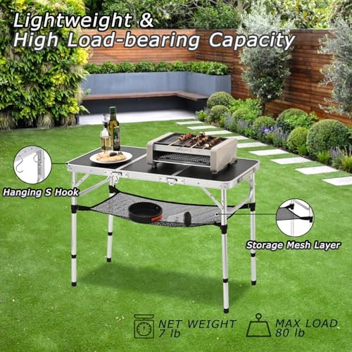 Tri-fold Folding Picnic Table, 3ft Camping Table Lightweight Portable Aluminum Outdoor Table with Adjustable Heights for Backyard BBQ Party