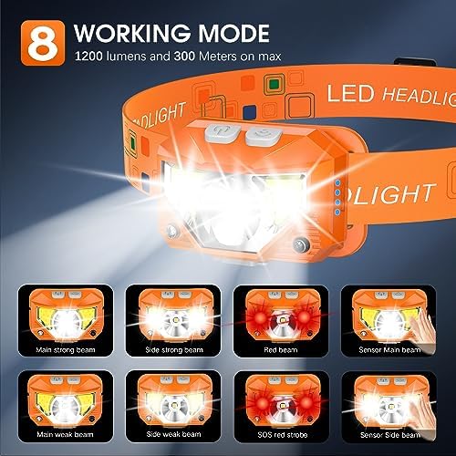 LHKNL Headlamp Flashlight,1200 Lumen Ultra-Light Bright LED Rechargeable Headlight with White Red Light,2-Pack Waterproof Motion Sensor Head Lamp,8 Mode for Outdoor Camping Running Fishing- Orange