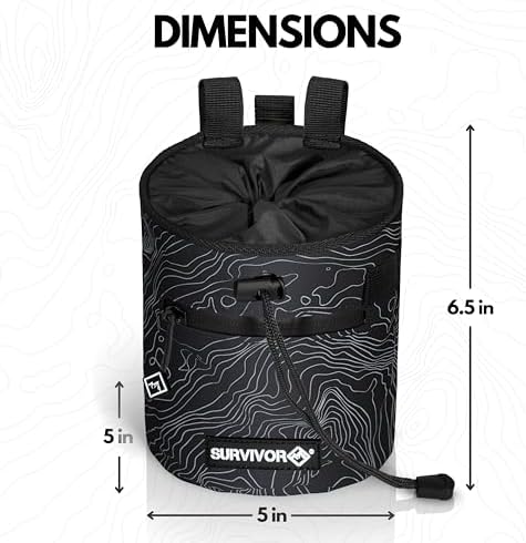 SURVIVOR Chalk Bag + Chalk Ball + Liquid Grip - Iconic Topographical Map, Draw String Closure, 2 Zippered Pockets, & Brush Holder - Bag for Rock Climbing, Bouldering, Weightlifting, Gymnastics & More