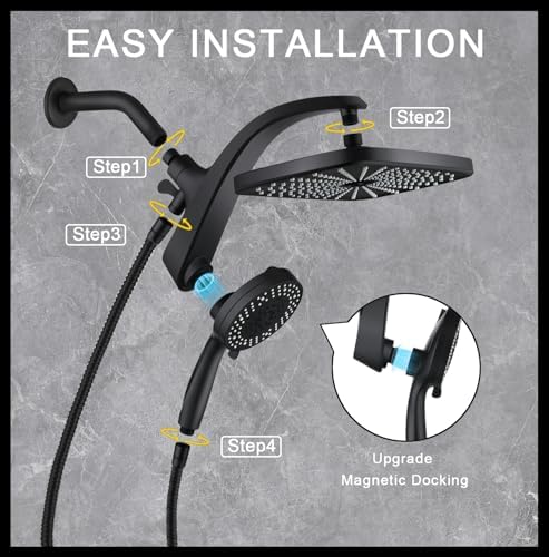 High Pressure Rain Shower Head: Upgrade Shower Heads with Handheld Spray Combo with Fixed Showerhead and 10 Sprays Handheld Shower Head, Detachable Showerheads Built-in Magnetic Docking and Power Jets