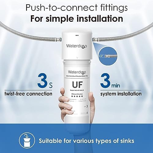 Waterdrop 10UAW-UF 0.01 μm Ultra Filtration Under Sink Water Filter for Baçtёria Reduction, Reduces Lead, Chlorine, Bad Taste & Odor, 8K Gallons, Direct Connect to Kitchen Faucet, USA Tech