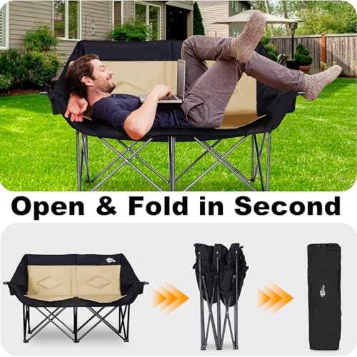 Double Camping Chair Loveseat Camping Chair Double Folding Chair Camp Chairs for Adults Heavy Duty Two Person Camp Chair Padded Camping Couch 2 Person Lawn Chairs - Support 650 lbs - Khaki