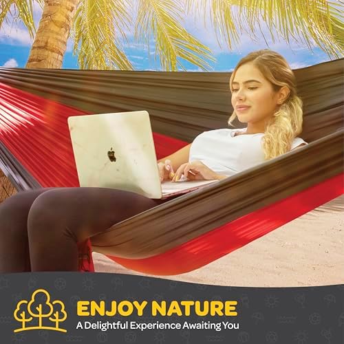 Durable Hammock 500 lb Capacity, Nylon Camping Hammock Chair - Double or Single Sizes w/Tree Straps and Attached Carry Bag - for Travel/Backpacking/Beach/Backyard (Large, Dark Grey & Dusty Pink)