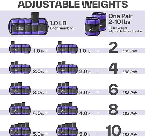 Sportneer Adjustable Ankle Weights 1 Pair 2 4 6 8 10 Lbs Leg Weight Straps for Women Men, Weighted Ankle Weights Set for Gym,Fitness, Workout,Walking, Jogging,1-5 lbs Each Ankle, 1 Pair 2-10 lbs