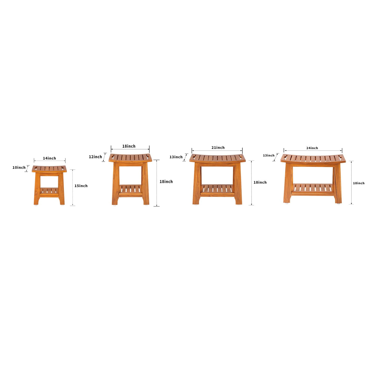 NNN 14" Compact Teak Shower Stool with Shelf & Handle - Waterproof, Non-Slip Bath Bench for Small Bathrooms/Outdoor Use, 300 lbs Capacity (Patented)