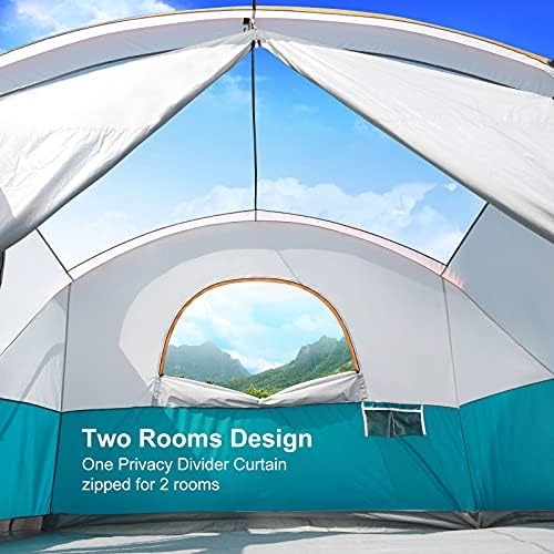 UNP Camping Tent 8/9 Person, Family Camping Tent, 5 Large Ventilation Mesh Windows, 14'x14'x78 inches Tall with Dividers Curtain for 2 Room