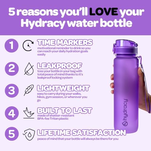 Hydracy Water Bottle with Time Marker -Large BPA Free Water Bottle & No Sweat Sleeve -Leak Proof Gym Bottle with Fruit Infuser Strainer & Times to Drink -Ideal for Fitness Sports & Outdoors