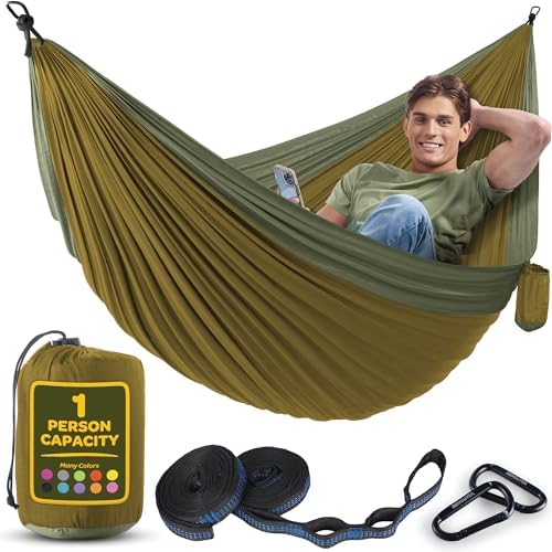 Durable Hammock 400 lb Capacity, Nylon Camping Hammock Chair - Double or Single Sizes w/Tree Straps and Attached Carry Bag - Portable for Travel/Backpacking/Beach/Backyard (Medium, Khaki & Army Green)