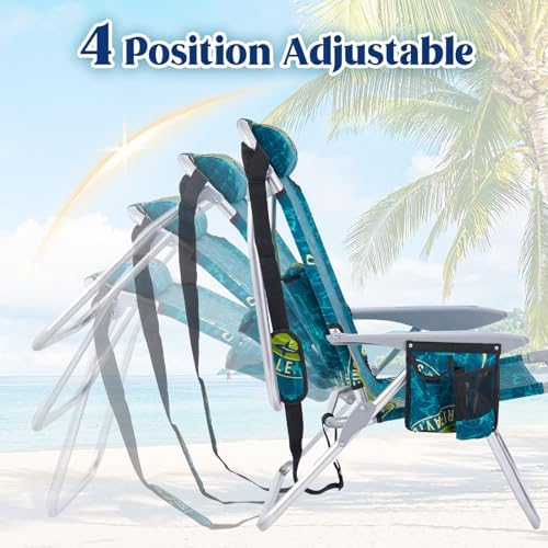 Portable Camping Beach Chair for Adults, Outdoor Lay Flat Beach Lounge Chair Folding Chairs with Footrest, Backpack Chair with Towel Bar, Cooler Pouch, Cup Holder, Geometric Green