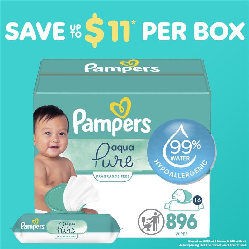 Pampers Baby Wipes Aqua Pure, 99% water-based wipes, Hypoallergenic and Unscented Infant Wipe, 448 Total (8 Flip-Top Packs)