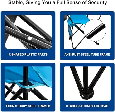 2PCS Folding Camping Collapsible Chairs Heavy Duty Lawn Chair with Cooler Bag, Storage Pocket, Waterproof Bag Outdoor Arm Chair, Supports 225LBS, Blue