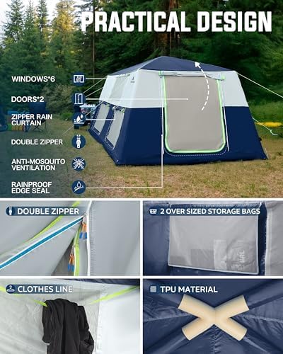 14.1'x6.5'x9' Inflatable Tents for Camping, Portable 6/8/10 Person Blow Up Air Tent, Waterproof Windproof Easy Setup Large Family Tent with 2 Doors, 6 Windows, Mosquito Screen