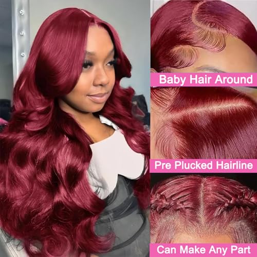 30 Inch 99j Burgundy Lace Front Wigs Human Hair 13x4 HD Transparent Wine Red Burgundy Body Wave Human Hair Lace Front Wigs for Women 180 Density Pre Plcked Human Hair Lace Frontal Wig with Baby Hair