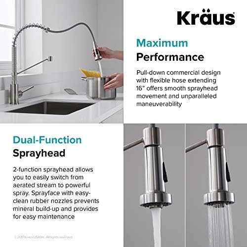 KRAUS Bolden Commercial Style 2-Function Single Handle Pull Down Kitchen Faucet in Spot-Free Stainless Steel, KPF-1610SFS