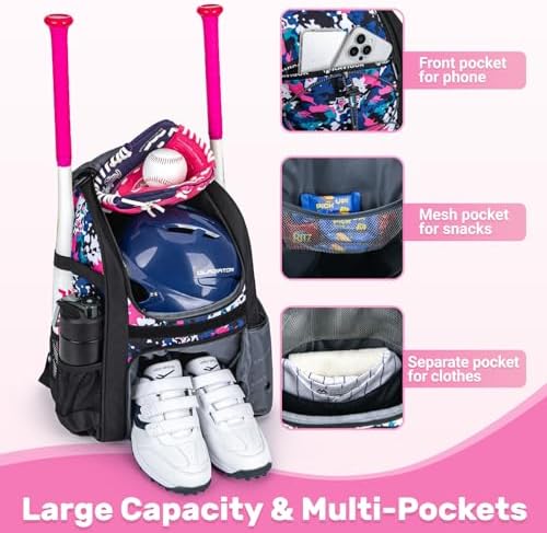 Youth Baseball Bag, Softball Bag for Girls & Boys, Kids Tball Backpack with Shoes Compartment