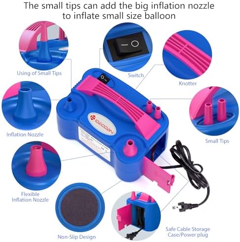 IDAODAN Electric Balloon Pump, Portable Electric Balloon Blower Machine Balloon Air Pump Dual Nozzle Rose Red 110V 600W Balloon Inflator for Party Decorations