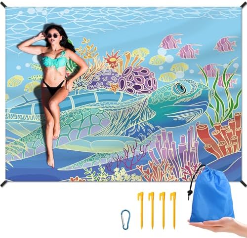 Beach Blanket Waterproof Sandproof Large Beach Mat 83" X 106" for 3-5 Adults Sand Free Mat Quick Drying,Lightweight & Durable with 4 Stakes & 4 Corner Pockets for Beach Camping