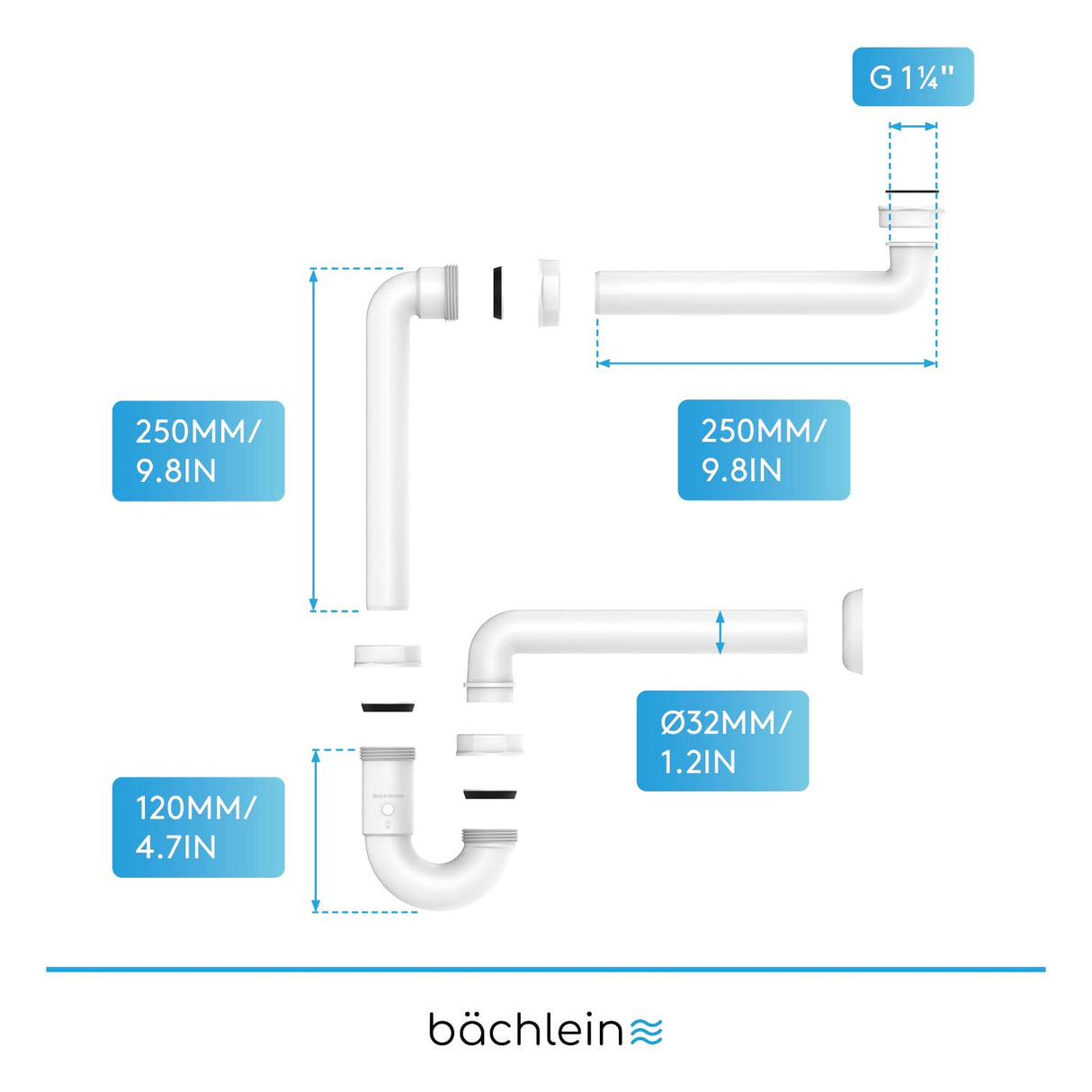 Bächlein G 1 1/4 Inch Space-Saving Siphon for The Bathroom - 32 mm Flat Washbasin Siphon - Odour Trap Bathroom - Made in Germany