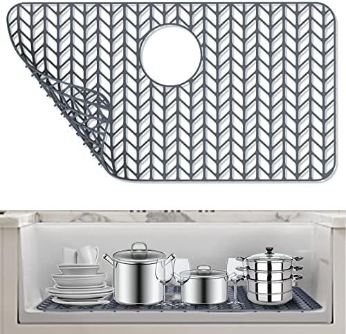 AWOKE Silicone Sink Protectors for Kitchen Sink, 26''x 14'' Folding Non-slip Sink Mat Grid, for Bottom of Farmhouse Stainless Steel Porcelain Sink with Rear Drain (Grey)