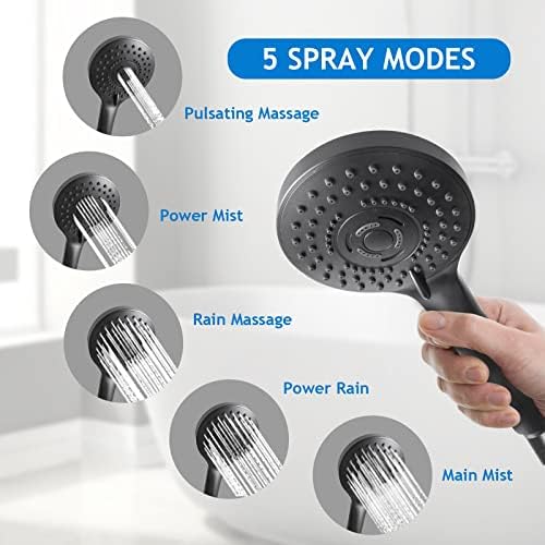 High/Low Pressure Water Rain Shower Head with 11 Inch Adjustable Extension Arm and 5 Settings Handheld Shower Head Combo,Powerful Shower Spray - Matte Black, 12 Inch