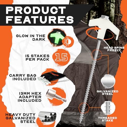 15-Pack 8" Heavy Duty Screw in Tent Stakes, Drill-In Ground Anchor Pegs, Includes Hex Head Driver & Storage Bag
