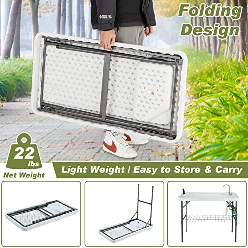Folding Fish Cleaning Table Portable Camping Sink with Faucet Drainage Hose & Sprayer Outdoor Fillet Station Grid Rack Knife Groove for Picnic Fishing, Black
