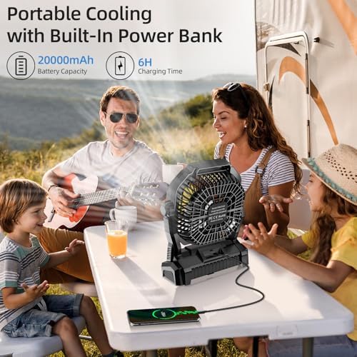Camping Fan Rechargeable, 20000mAh Battery Powered Portable Fan with LED Light & Hook, 4-Speed 270° Adjustable, Camping Essentials for Tent, Travel, Car, Outdoor, Indoor, BBQ, Fishing, Jobsite
