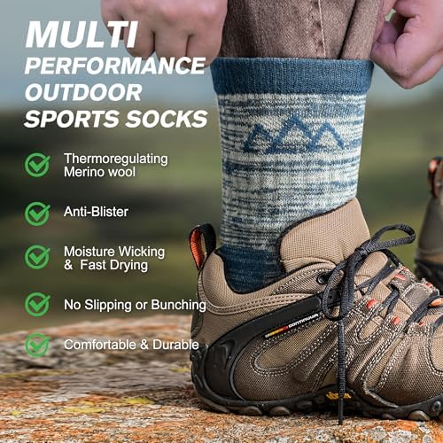 innotree 3 Pack Men's Merino Wool Hiking Socks, Micro Crew Cushioned Hiking Walking Thermal Moisture Wicking Trekking Socks