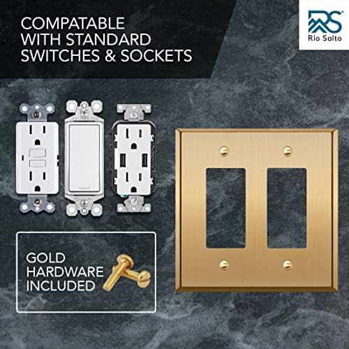 Rio Salto BRASS Metal Gold Double Light Switch Wall Plate or Outlet Cover Wall Plate, STANDARD SIZE. Corrosion Resistant Receptacle Wallplate Rocker Covers Decora 2-Gang Brushed Brass 4.6" x 4.6"
