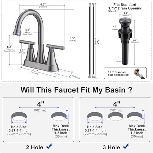 Bathroom Faucets for Sink 3 Hole, Hurran 4 inch Brushed Grey Bathroom Sink Faucet with Pop-up Drain and Supply Hoses, Stainless Steel Lead-Free Centerset Touch On Faucets for Vanity RV