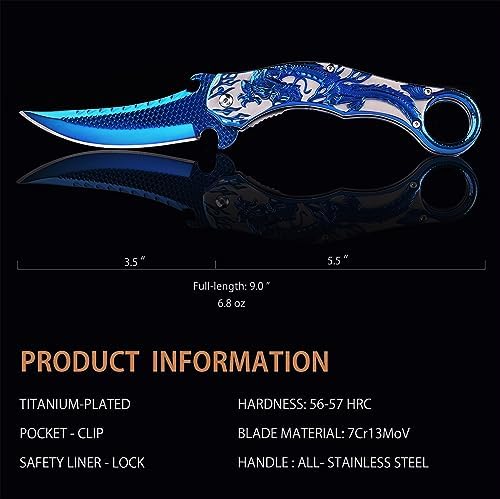 Pocket Knife for Men, Cool Folding Knife With 3D Blue Dragon Relief, Great Gift Edc Knife For Men Outdoor Survival Camping Hiking