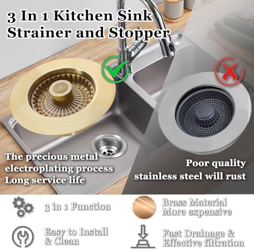 3 in 1 Kitchen Sink Stopper, Pop Up Kitchen Sink Drain Strainer, with an Extra Basket Strainer, Kitchen Sink Drain Stopper for US Standard 3-1/2 Inch, Brass Material Electroplate Gold