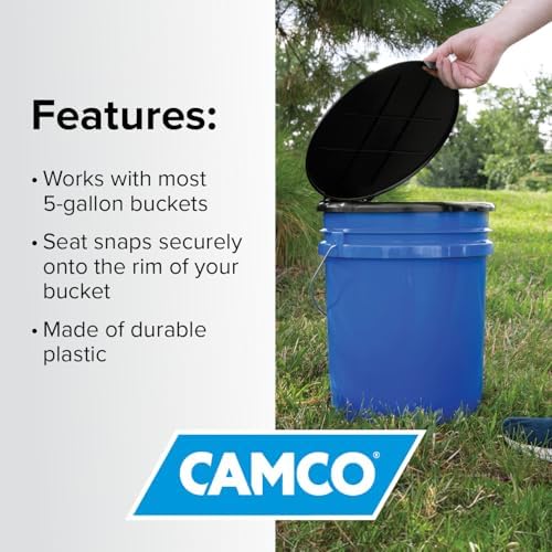 Camco Bucket Toilet Seat with Lid - Converts Standard 5 Gallon Bucket into Portable Toilet for Camping - Convenient Camping Toilet for Hunting & More - Includes 3 RV Toilet Waste Bags (41546)