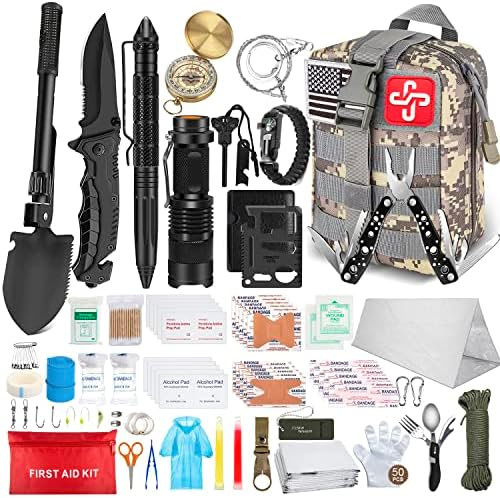 238Pcs Emergency Survival Kit and First Aid Kit, Professional Survival Gear Tool with Tactical Molle Pouch and Emergency Tent for Earthquake, Outdoor Adventure, Camping, Hiking, Hunting