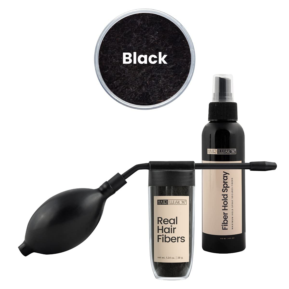 Hair Illusion Combo Kit - Hold Spray, 38g Hair Fiber Bottle, Applicator & Hairline Optimizer (Black)