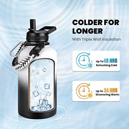 Insulated Water Bottle 64 oz, Triple Wall Vacuum Stainless Steel (Cold for 48 Hrs), Leak Proof & Non-BPA, Half Gallon Water Flask Jug with Paracord Handle & Straw Spout Lids, White/Black