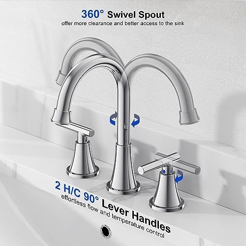 Bathroom Faucets for Sink 3 Hole, Hurran Chrome Bathroom Sink Faucet with Pop-up Drain and Supply Lines, Stainless Steel Lead-Free Widespread Faucet for Vanity RV Farmhouse Sink