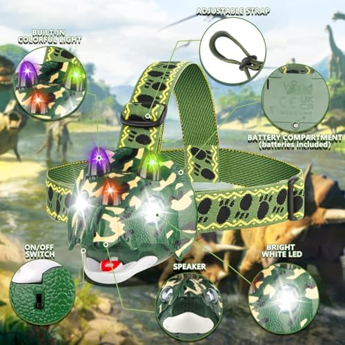 TIGTECGAME Dinosaur LED Headlamp T-Rex Headlamp for Kids Camping Gear Essentials Dinosaur Toy Head Lights Flashlight for Boys Girls or Adults Ideal Gift for Birthday, Halloween, Christmas, New Year