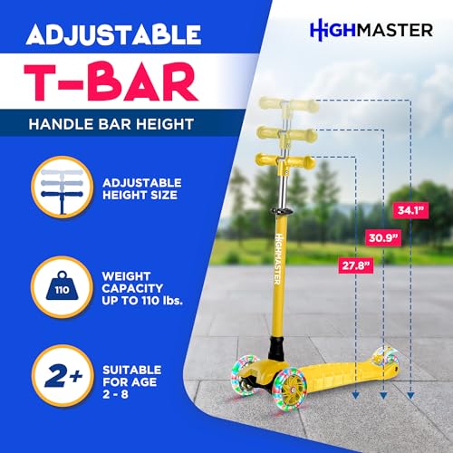 Highmaster 3-Wheel Toddler Scooter for 2 to 8 Year Old boy - 3 Wheeled Kids Scooter with Light Up Wheels, Safe and Fun Ride for Kids - Yellow