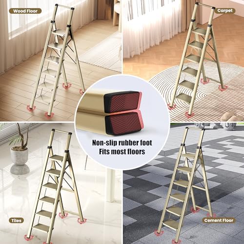 6 Step Ladder, Folding Step Stool with Handgrip and Anti-Slip Wide Pedal, Portable Lightweight Aluminum Stepladder for Kitchen, Home, Library, Office (300 lbs Capacity) - Gold