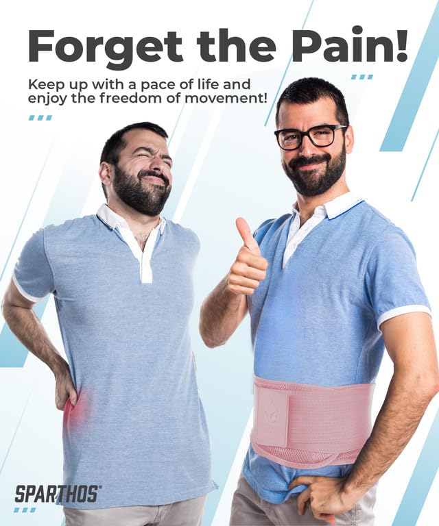 Sparthos Back Brace for Lower Back Pain - Immediate Relief from Sciatica, Herniated Disc, Scoliosis - Breathable Design With Lumbar Support Pad - For Home & Lifting At Work - For Men & Women - (Pink-L)