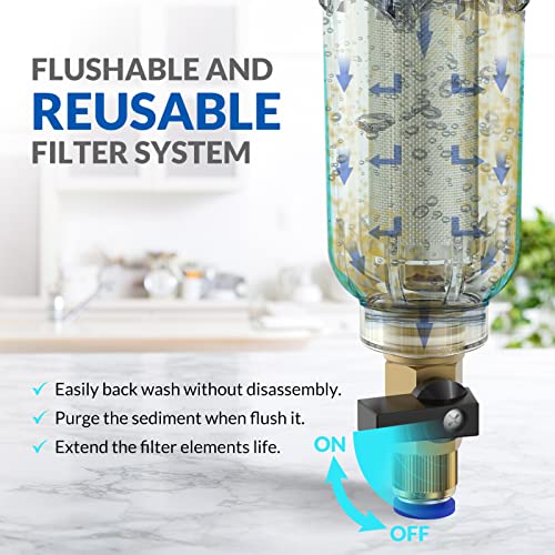 SimPure 100/500 Micron Spin Down Sediment Filter, Reusable Whole House Sediment Water Filter, Pre-Filtration System for City/Well Water, 1" MNPT + 3/4" FNPT + 3/4" MNPT, BPA Free